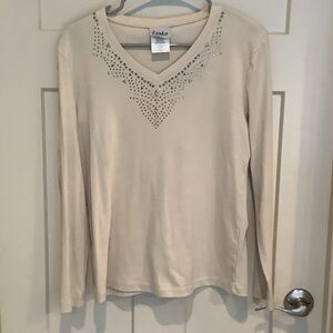 Link Cream Long Sleeve V-Neck Top with Stud Accents